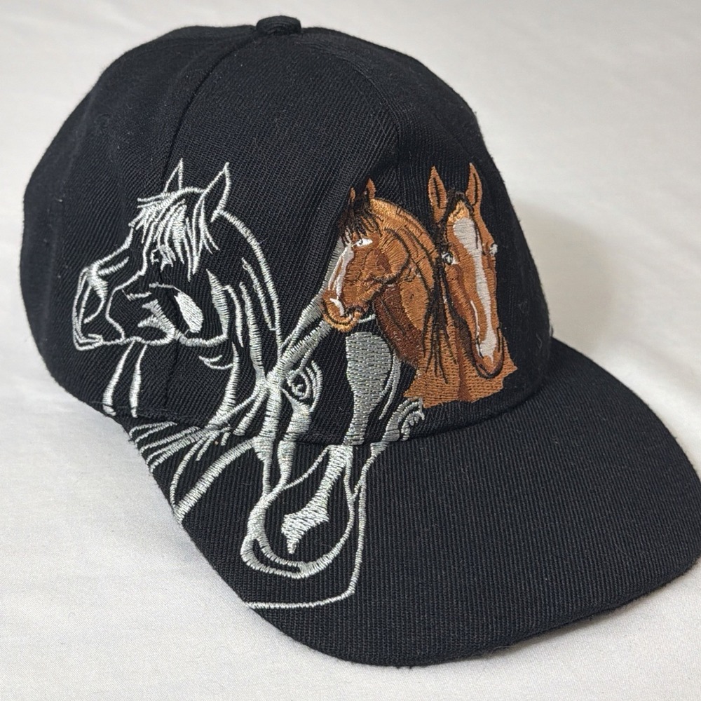 YX Hat Black Multicolor Embroidered Horse Heads Adjustable Strap Vtg Ranch Hat - Picture 12 of 16